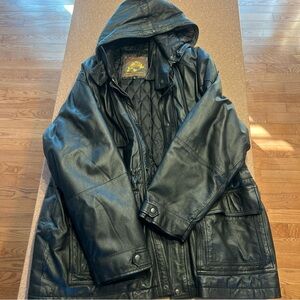 Vtg World Alliance Originals Leather Hooded Jacket Full Zip Button Snap Black XL